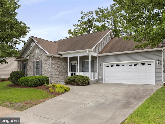 103 Potters Cir, Strasburg, VA 22657 - view of front of house featuring a porch, driveway, an attached garage, a shingled roof, and stone siding