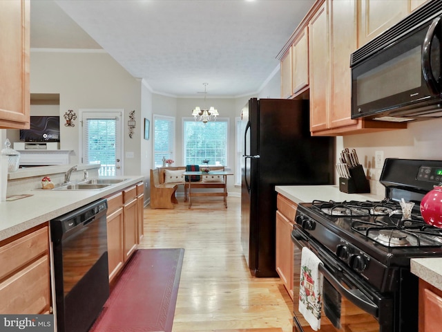 103 Potters Cir, Strasburg, VA 22657 - kitchen with black appliances, a sink, light brown cabinetry, light wood-type flooring, and ornamental molding