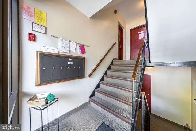 staircase featuring mail area and carpet flooring