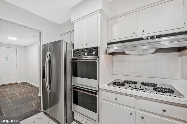 205 Dunbeath Ct, Lutherville Timonium, MD 21093 - kitchen featuring white appliances, under cabinet range hood, light countertops, white cabinetry, and decorative backsplash