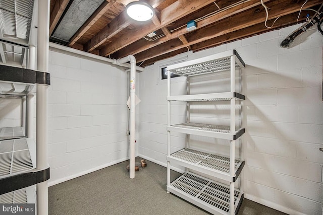 205 Dunbeath Ct, Lutherville Timonium, MD 21093 - unfinished below grade area with carpet floors and concrete block wall
