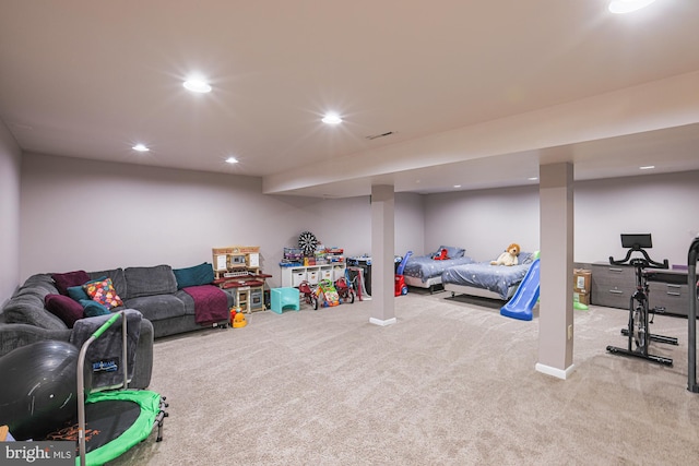 game room featuring carpet floors, recessed lighting, and baseboards