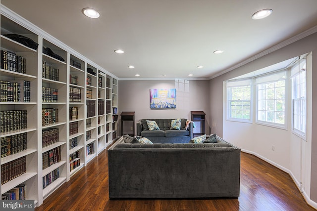 interior space with recessed lighting, baseboards, ornamental molding, and dark wood-style floors