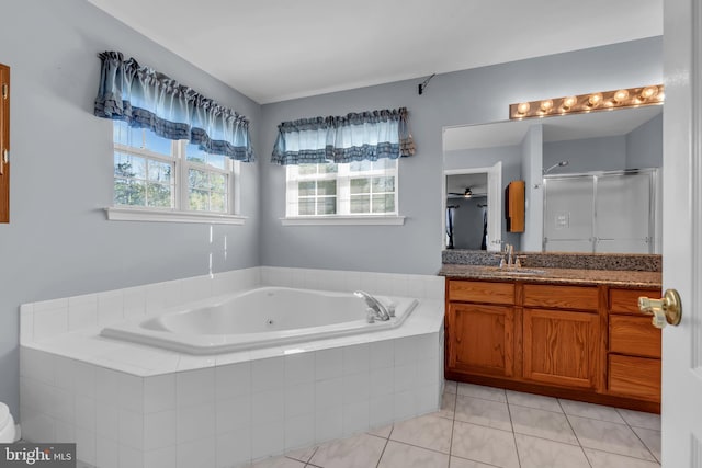 12 Jon Dr, Barnegat, NJ 08005 - bathroom featuring vanity, a garden tub, a shower stall, and tile patterned flooring