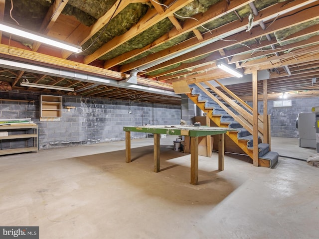 850 Virginia Cir, Strasburg, VA 22657 - unfinished basement featuring stairs and concrete block wall