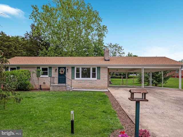 850 Virginia Cir, Strasburg, VA 22657 - ranch-style home featuring a chimney, a front yard, driveway, and a carport
