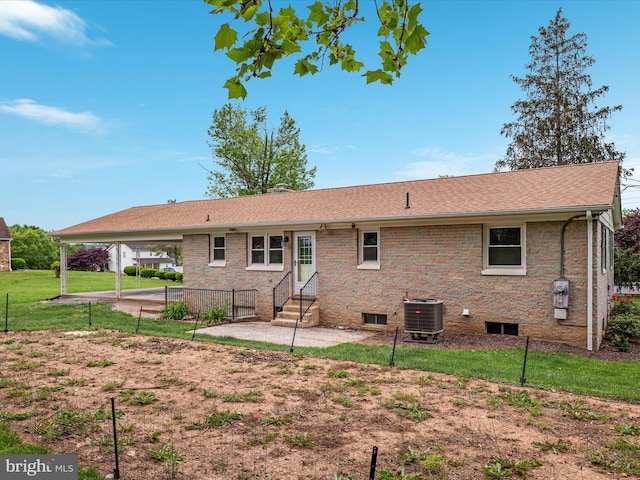 850 Virginia Cir, Strasburg, VA 22657 - back of house featuring entry steps, central air condition unit, a patio area, an attached carport, and roof with shingles