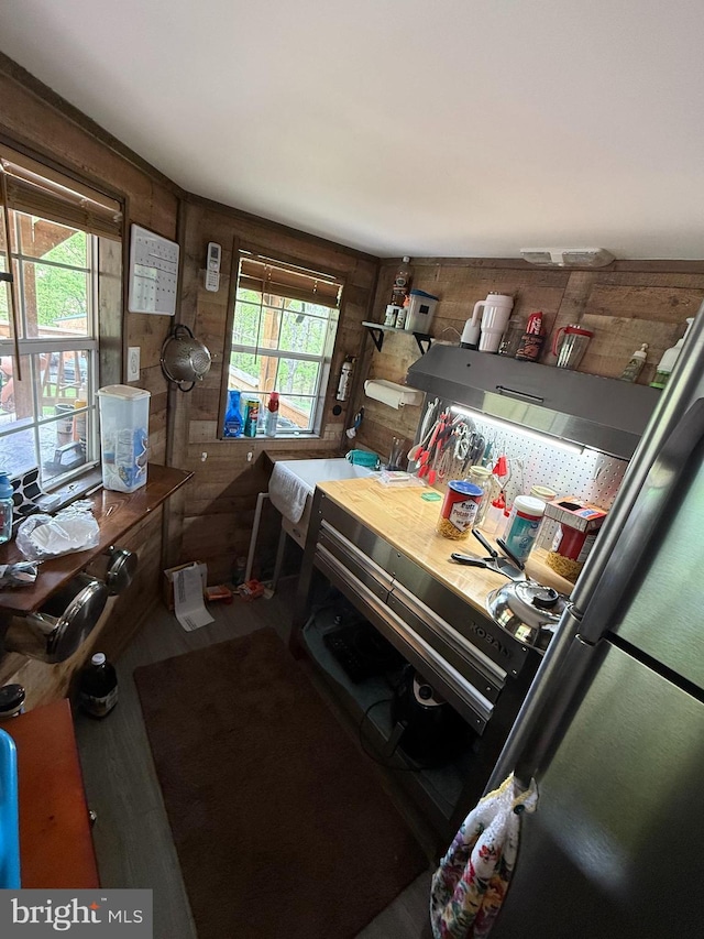 interior space featuring a sink, wood walls, and wood finished floors