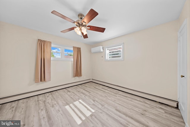 1504 Montgomery Rd, Wilmington, DE 19805 - empty room with a ceiling fan, an AC wall unit, light wood-type flooring, and a baseboard heating unit