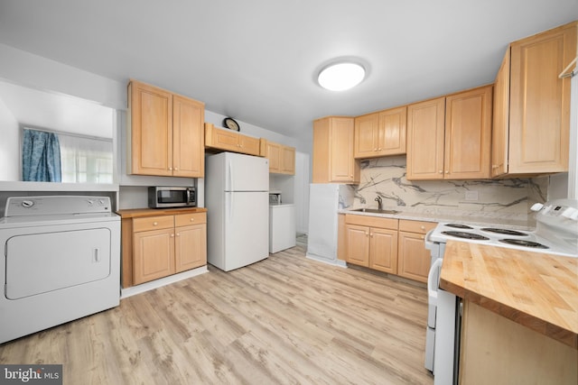 1504 Montgomery Rd, Wilmington, DE 19805 - kitchen with wooden counters, light brown cabinetry, a sink, washer / dryer, and white appliances
