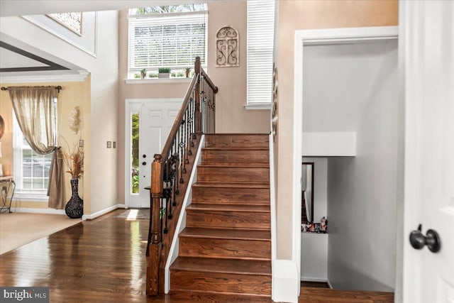 staircase with baseboards, a towering ceiling, wood finished floors, and a healthy amount of sunlight