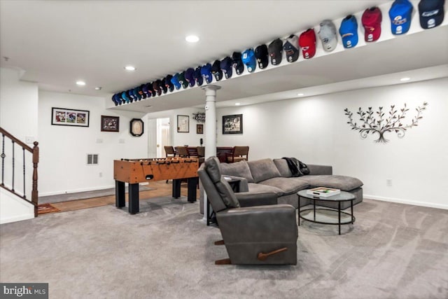 game room featuring recessed lighting, carpet, and baseboards