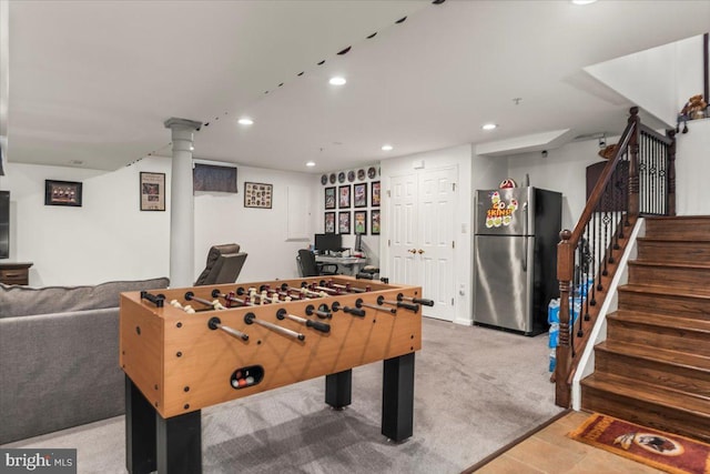 recreation room featuring carpet floors and recessed lighting