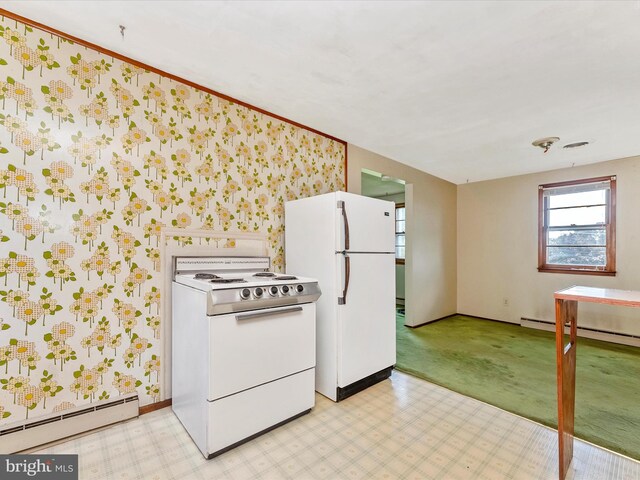 9618 Hall Rd, Frederick, MD 21701 - kitchen with white appliances, baseboard heating, wallpapered walls, and baseboards