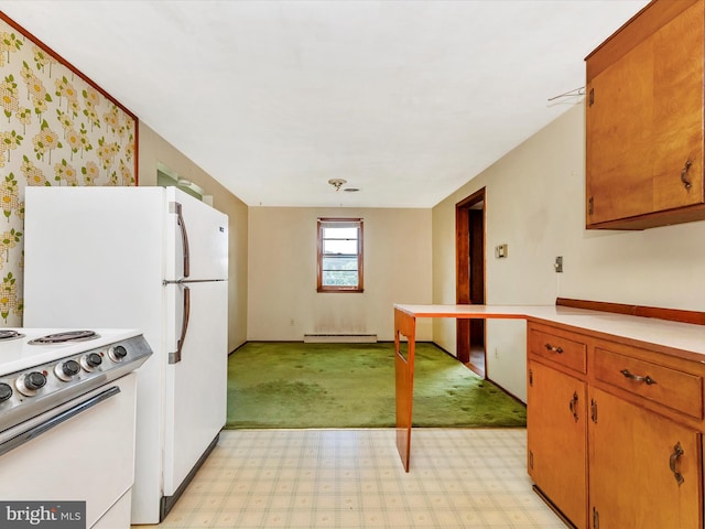 9618 Hall Rd, Frederick, MD 21701 - kitchen featuring electric stove, a baseboard heating unit, light countertops, light carpet, and brown cabinets