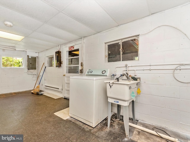 9618 Hall Rd, Frederick, MD 21701 - laundry area with washer / dryer, electric panel, baseboard heating, and concrete block wall