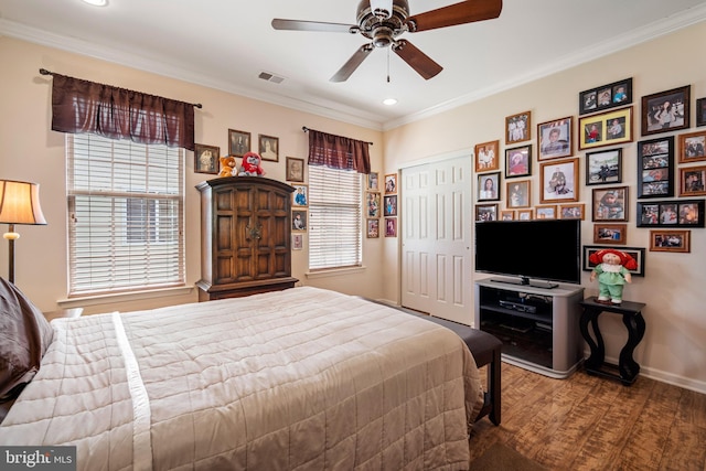 bedroom featuring multiple windows, recessed lighting, wood finished floors, and visible vents