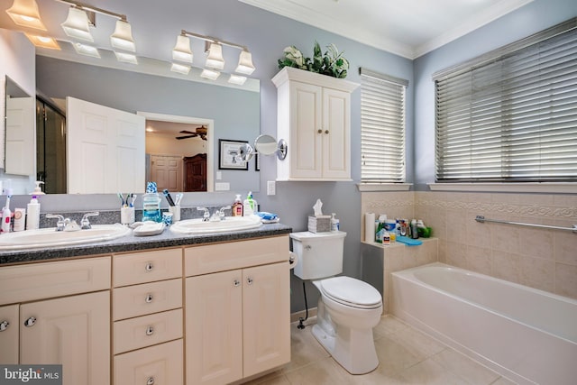 full bathroom with a sink, tile patterned flooring, a ceiling fan, and a bath