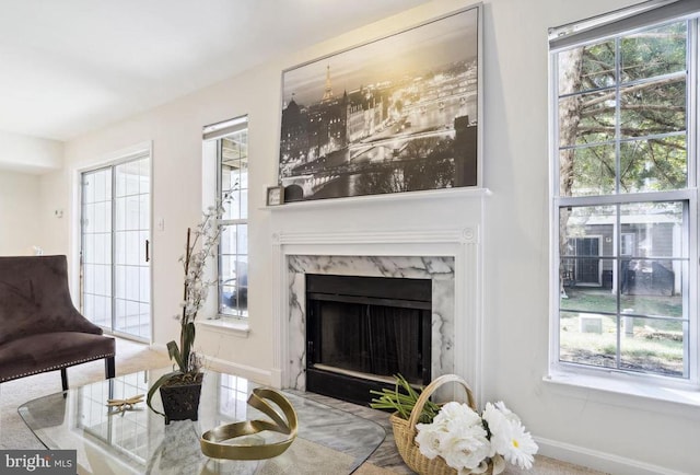 living room featuring baseboards and a fireplace