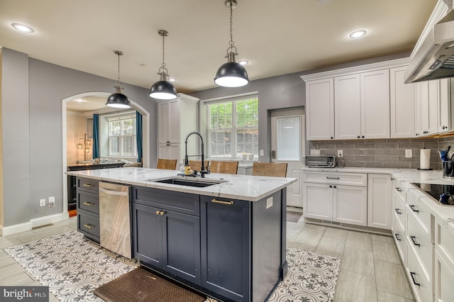 7140 Barry Rd, Alexandria, VA 22315 - kitchen with a sink, wall chimney range hood, dishwasher, white cabinetry, and arched walkways