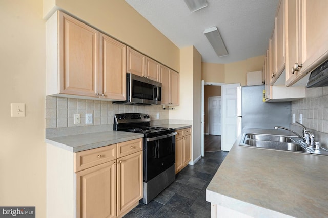 3200 N Leisure World Blvd Unit 1010, Silver Spring, MD 20906 - kitchen with stainless steel appliances, a sink, light brown cabinets, decorative backsplash, and a textured ceiling