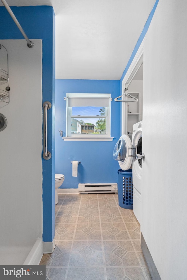 full bathroom featuring baseboards, a baseboard radiator, toilet, and a shower
