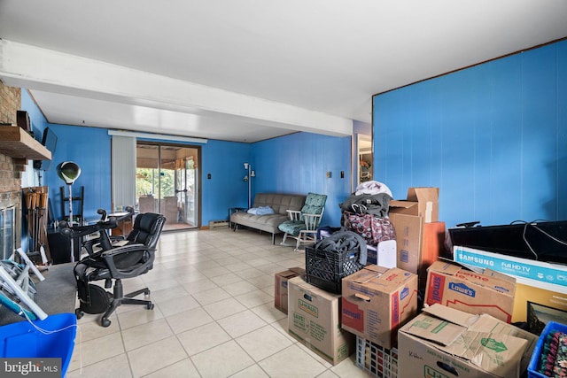 tiled office space with a large fireplace