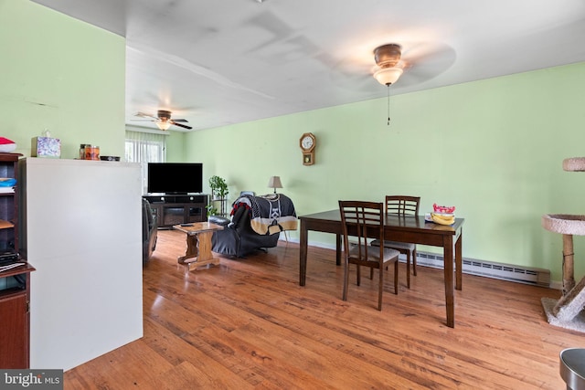 dining space featuring a ceiling fan and wood finished floors