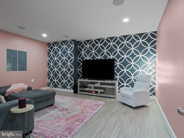 41909 Paddock Gate Pl, Ashburn, VA 20148 - living room featuring electric panel, wood finished floors, recessed lighting, and baseboards