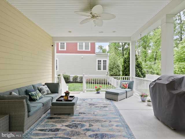 41909 Paddock Gate Pl, Ashburn, VA 20148 - wooden terrace featuring an outdoor living space, a ceiling fan, and grilling area