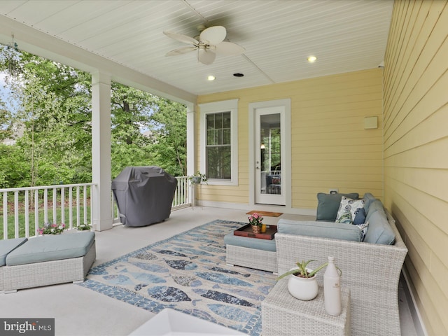 41909 Paddock Gate Pl, Ashburn, VA 20148 - view of patio with an outdoor living space, ceiling fan, and area for grilling