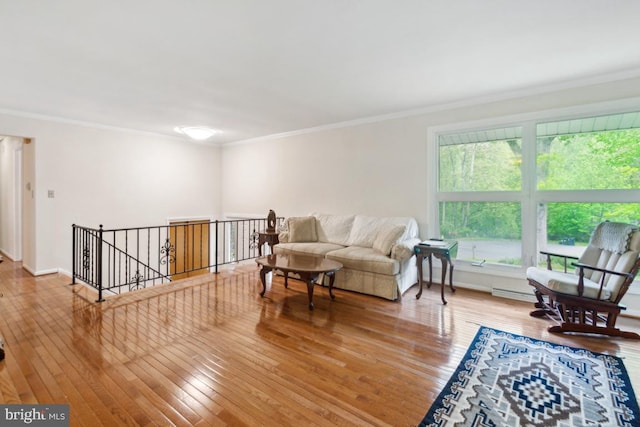2602 Jeffrey Lori Dr, Finksburg, MD 21048 - living room with a baseboard heating unit, ornamental molding, hardwood / wood-style floors, and baseboards