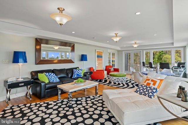 5419 Ragged Point Rd, Cambridge, MD 21613 - living area with wood finished floors, a tray ceiling, and recessed lighting