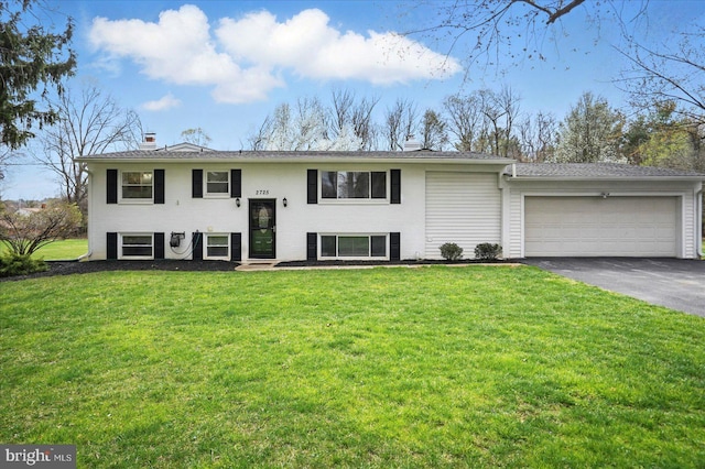 2725 Baublitz Rd, Owings Mills, MD 21117 - bi-level home with a garage, aphalt driveway, a front yard, and a chimney