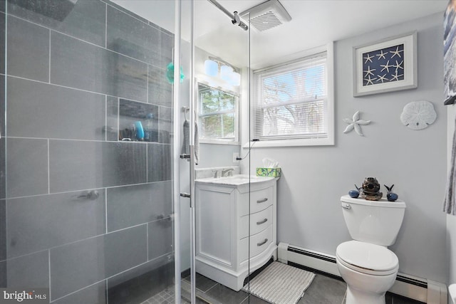2725 Baublitz Rd, Owings Mills, MD 21117 - bathroom with vanity, tile patterned flooring, baseboard heating, and a stall shower