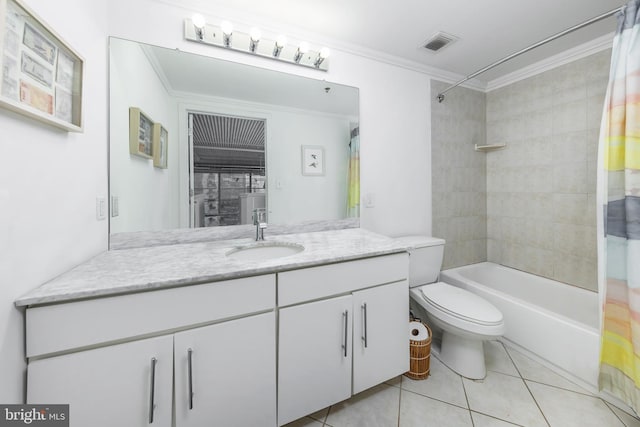 2200 Arch St Unit 514, Philadelphia, PA 19103 - bathroom featuring visible vents, shower / bath combination with curtain, tile patterned flooring, vanity, and crown molding