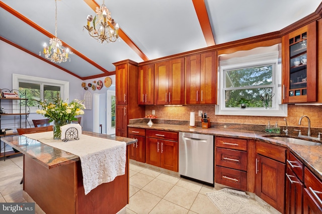 1110 Brantford Ave, Silver Spring, MD 20904 - kitchen with vaulted ceiling with beams, a chandelier, tasteful backsplash, a sink, and dishwasher