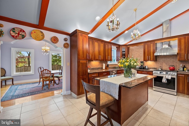 1110 Brantford Ave, Silver Spring, MD 20904 - kitchen featuring light tile patterned flooring, appliances with stainless steel finishes, an inviting chandelier, decorative backsplash, and vaulted ceiling with beams