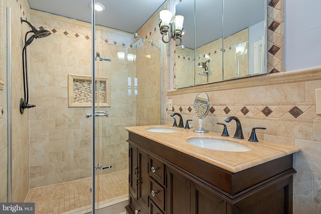1110 Brantford Ave, Silver Spring, MD 20904 - bathroom with double vanity, tile walls, a sink, and a stall shower