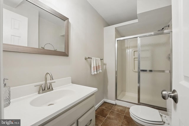 full bathroom with vanity, toilet, tile patterned flooring, and a stall shower