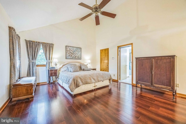13 Elena Ct, Voorhees, NJ 08043 - bedroom featuring a ceiling fan, dark wood-style flooring, baseboards, and high vaulted ceiling