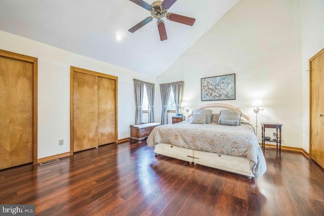 13 Elena Ct, Voorhees, NJ 08043 - bedroom with baseboards, ceiling fan, visible vents, high vaulted ceiling, and wood finished floors