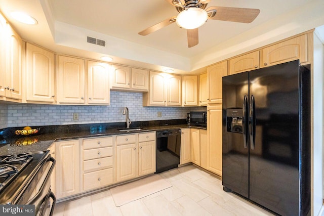 13 Elena Ct, Voorhees, NJ 08043 - kitchen featuring a sink, black appliances, visible vents, ceiling fan, and decorative backsplash