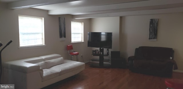 living area featuring baseboards, beam ceiling, and wood finished floors