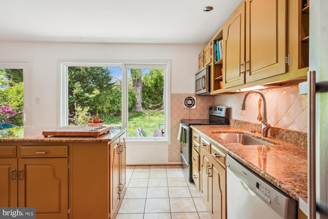 2409 Hayden Dr, Silver Spring, MD 20902 - kitchen with stainless steel appliances, a sink, open shelves, light tile patterned floors, and backsplash