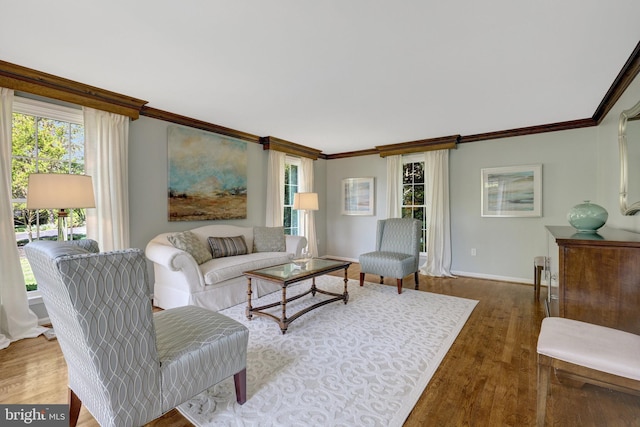 living area featuring ornamental molding, baseboards, and wood finished floors