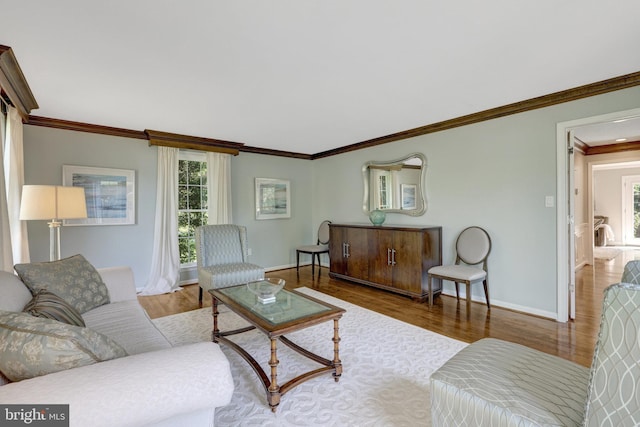 living room with baseboards, ornamental molding, and wood finished floors