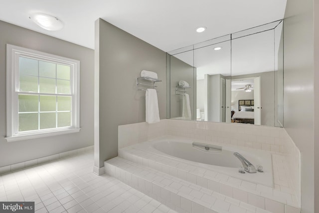 full bath with recessed lighting, ceiling fan, a bath, tile patterned flooring, and connected bathroom