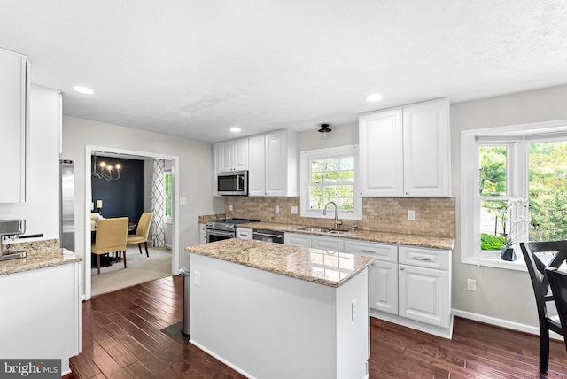 kitchen with a sink, decorative backsplash, stainless steel appliances, and dark wood-style flooring