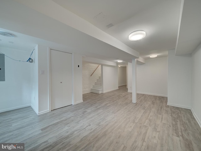 27 Seaton Pl NW, Washington, DC 20001 - finished below grade area with baseboards, electric panel, stairs, and wood finished floors
